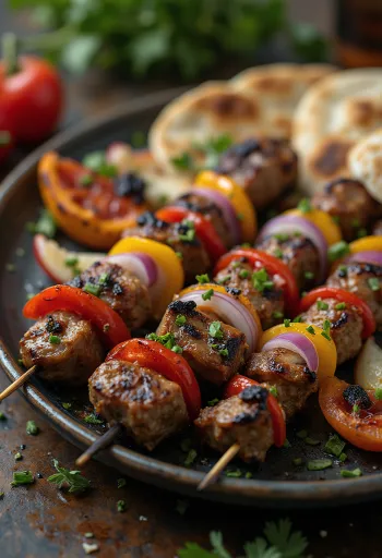 Spiedini Shish kebab grigliati con carne e verdure