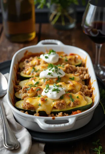 Zucchine ripiene al forno con carne macinata e formaggio, dorate in superficie.