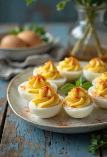 Uova ripiene decorate con erbe fresche e paprika