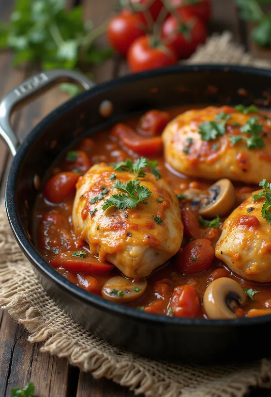 Chicken cacciatore servito in padella con verdure