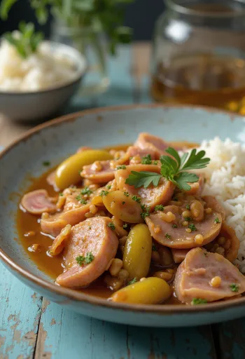 Tokány alla macellaia preparato con carne di maiale succosa, salsiccia affumicata e cetriolini.