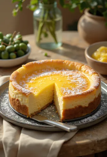 Torta al formaggio tedesca con ripieno soffice e spolverata di zucchero a velo