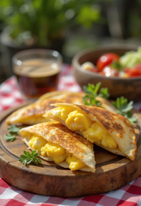 Quesadilla ripiena di uova e formaggio tagliata a spicchi, cotta fino a diventare croccante