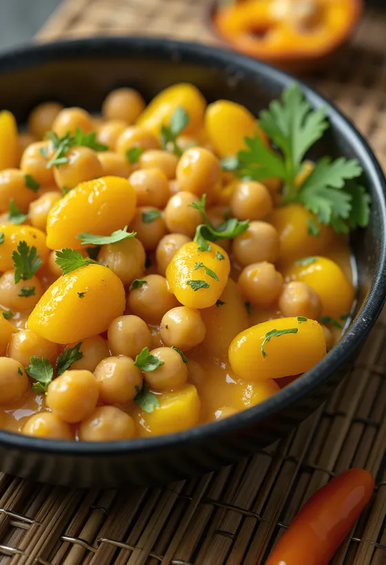 Ackee e ceci in una ciotola, serviti con verdure e latte di cocco