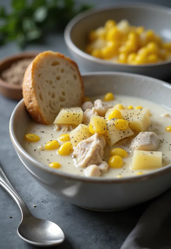 Chowder cremoso di pollo servito con verdure e mais