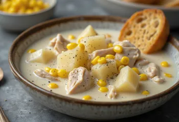 Chowder cremoso di pollo servito con verdure e mais