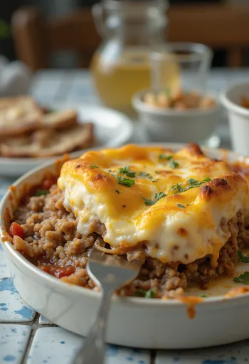 Moussaka con formaggio, melanzane, carne macinata e strato di yogurt