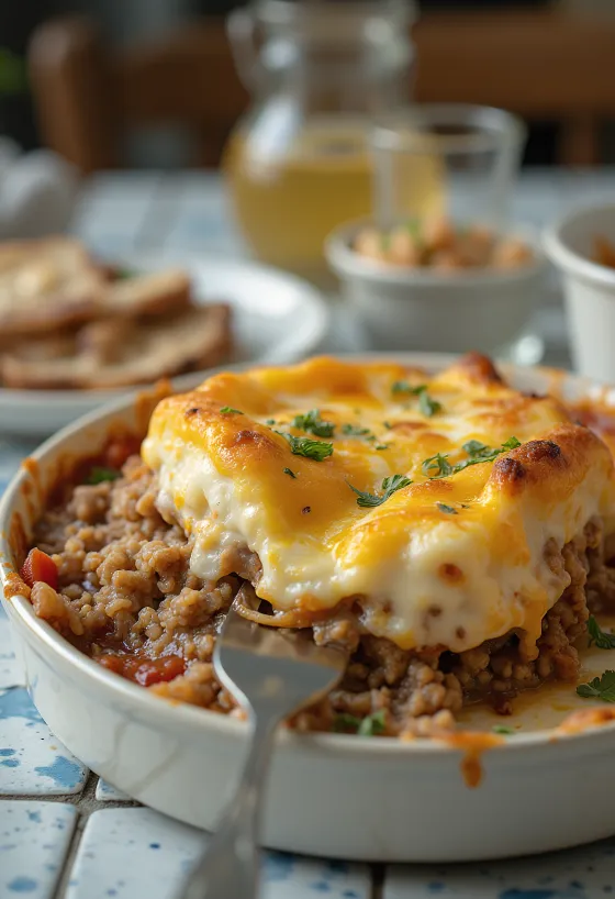 Moussaka con formaggio, melanzane, carne macinata e strato di yogurt