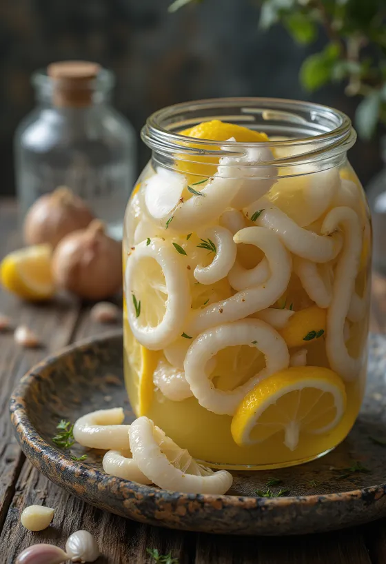 Calamari marinati in barattolo con limone e spezie