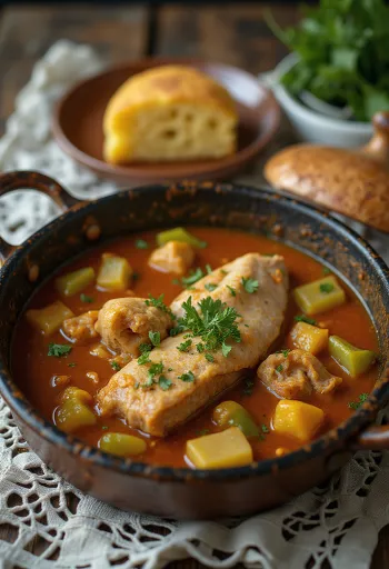 Stufato di coda di alligatore servito con pane fresco.