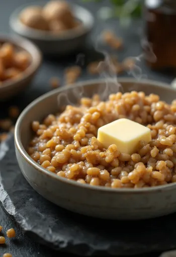 Kasha classica, servita in un recipiente semplice, la consistenza sgranata è ben visibile