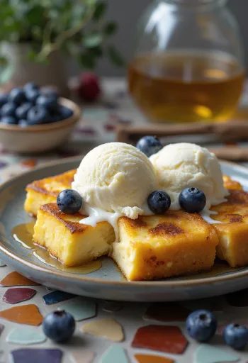 Leipäjuusto con formaggio e gelato alla vaniglia, decorato con mirtilli freschi