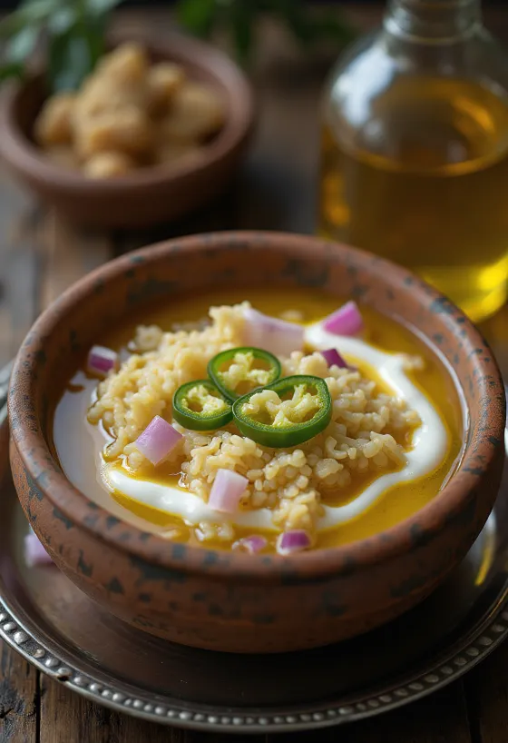 Panta bhat servito con yogurt, condito con peperoncino verde e olio ai semi di senape