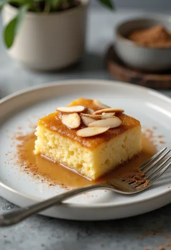 Revani speziato alla cannella, servito con sciroppo e mandorle