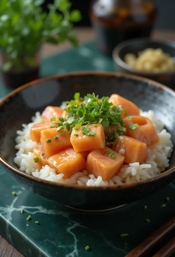 Oyakodon al salmone grigliato, con uovo e salsa a base di riso
