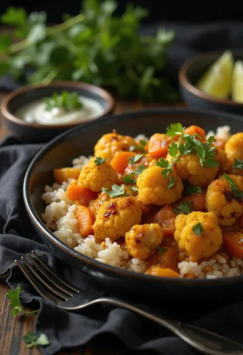 Curry di cavolfiore al forno vegano servito