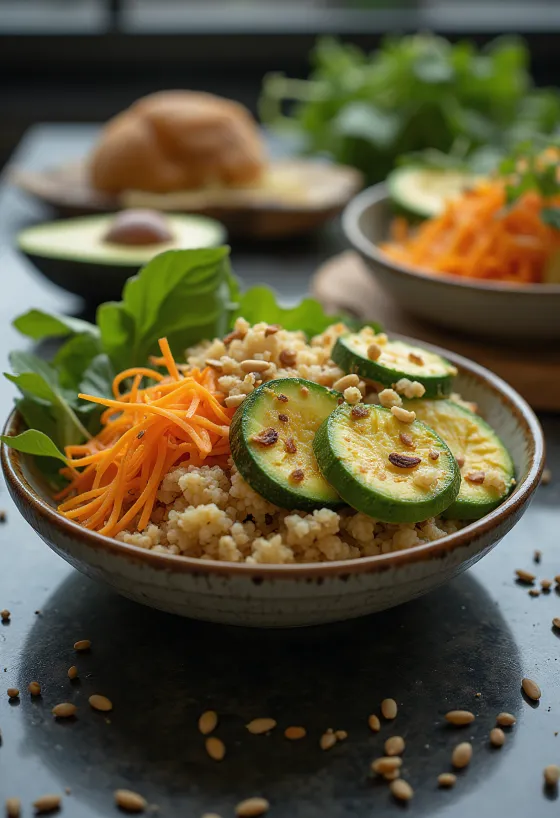 Buddha bowl con avocado e zucchine servita
