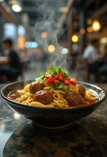 Bakso con noodles, servito con ricche polpette, coriandolo fresco e peperoncino
