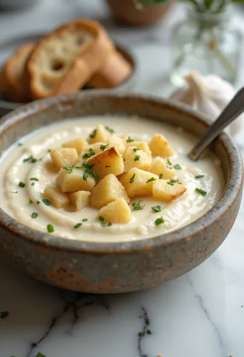 Cremosa vellutata di aglio con crostini di pane tostato e prezzemolo fresco.