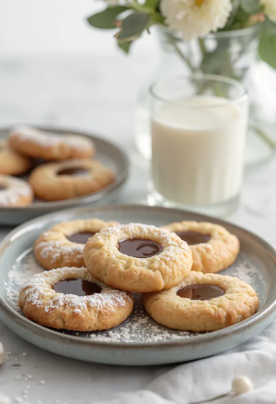 Occhi di bue alla crema di nocciole cosparsi di zucchero a velo, serviti su un piatto