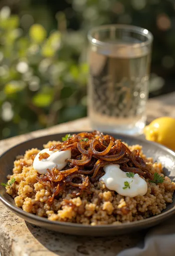 Mujaddara con yogurt, servita con cipolle arrostite