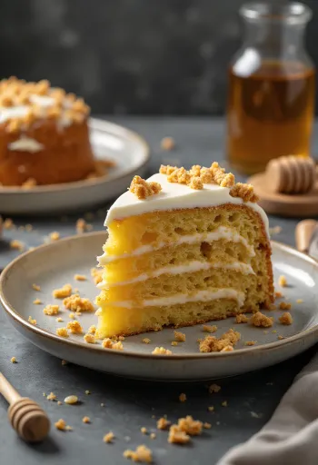 Torta Medovik a strati con crema e decorazione di briciole