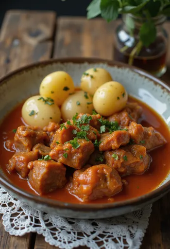Pörkölt di montone servito con pane fresco e sottaceti