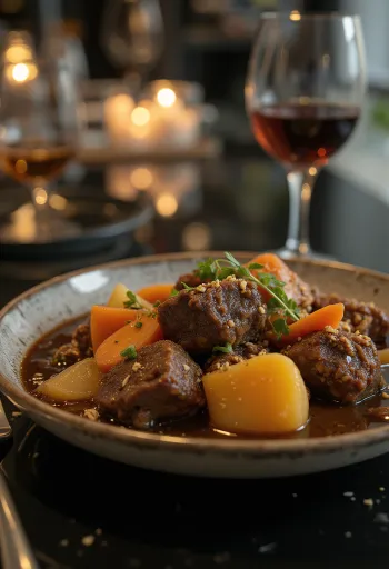 Stufato di antilope con verdure servito in ciotola rustica.