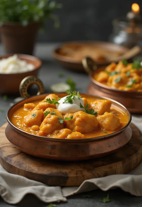 Chicken Makhani, pollo in salsa al burro indiana decorato con coriandolo fresco