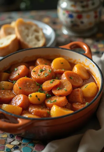 Patate alla paprika con pezzi di patata succosi, salsiccia affumicata e cosparse di prezzemolo fresco