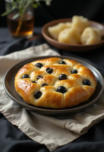 Pogacha alle olive servita, fresca e soffice con superficie dorata