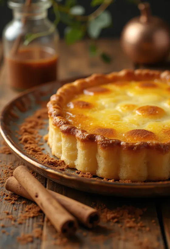 Torta Pastel de Nata portoghese con superficie dorata e ripieno alla vaniglia