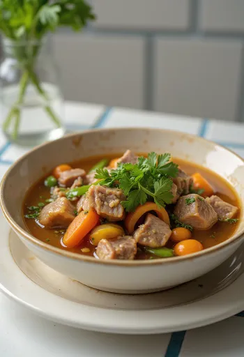 Souse servito con zampa di manzo, ricca zuppa di verdure con coriandolo fresco.