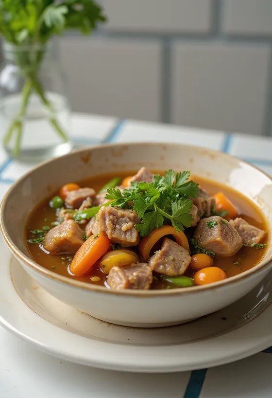 Souse servito con zampa di manzo, ricca zuppa di verdure con coriandolo fresco.