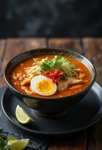 Asam laksa, zuppa acidula a base di cocco con pesce e verdure fresche servita.
