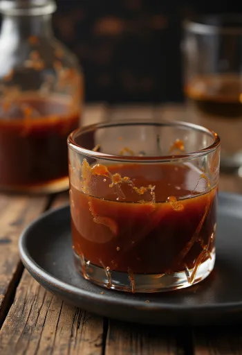 Salsa Barbecue al Bourbon in ciotola con spezie e carne grigliata sullo sfondo.