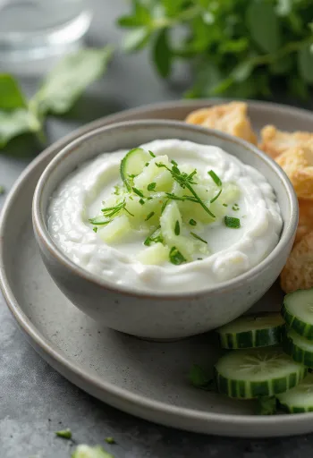 Salsa allo yogurt e cetrioli servita con verdure fresche