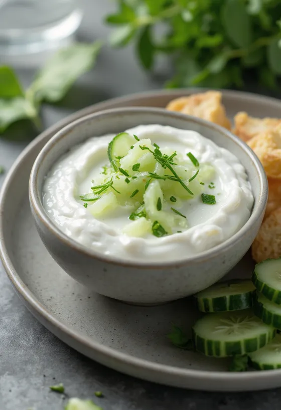 Salsa allo yogurt e cetrioli servita con verdure fresche