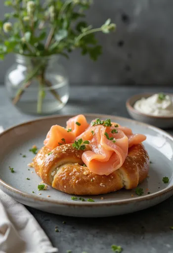 Bretzel al salmone e aneto servito