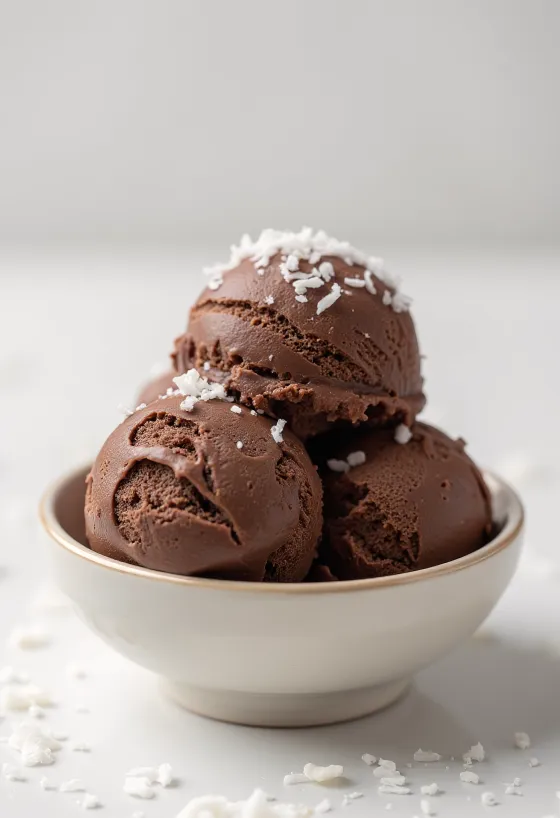 Gelato al cioccolato e latte di cocco servito in palline