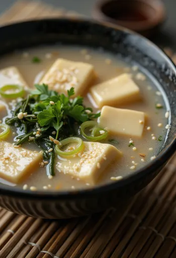 Zuppa di miso con tofu, guarnita con coriandolo fresco e semi di sesamo