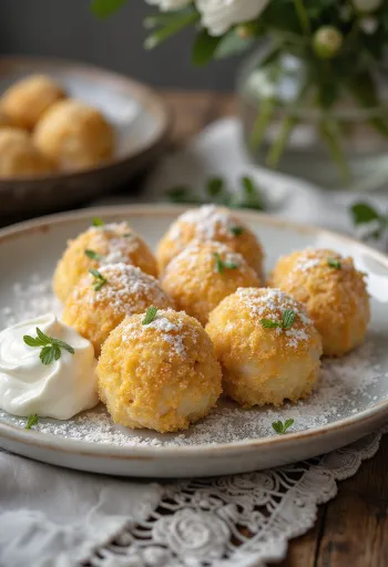 Morbidi gnocchi di ricotta cosparsi di panna acida dolce e pangrattato tostato.