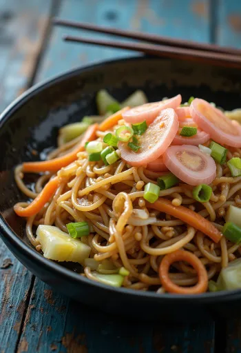 Yakisoba con verdure, pasta saltata con verdure colorate