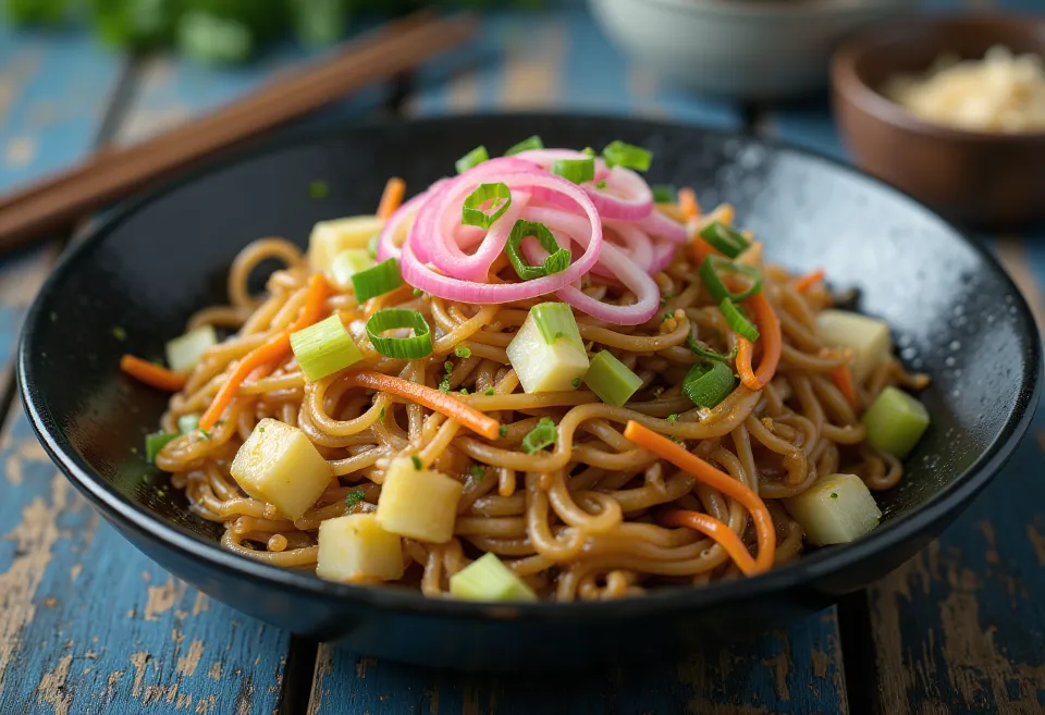 Yakisoba con verdure, pasta saltata con verdure colorate