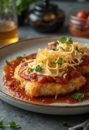 Chicken parmigiana servita con pasta e basilico fresco