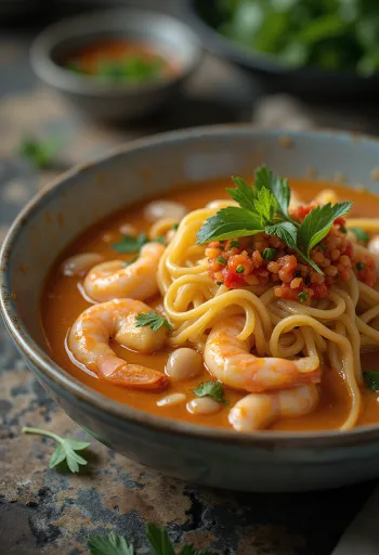 Laksa classica, zuppa speziata a base di cocco con pollo, noodles e verdure fresche.