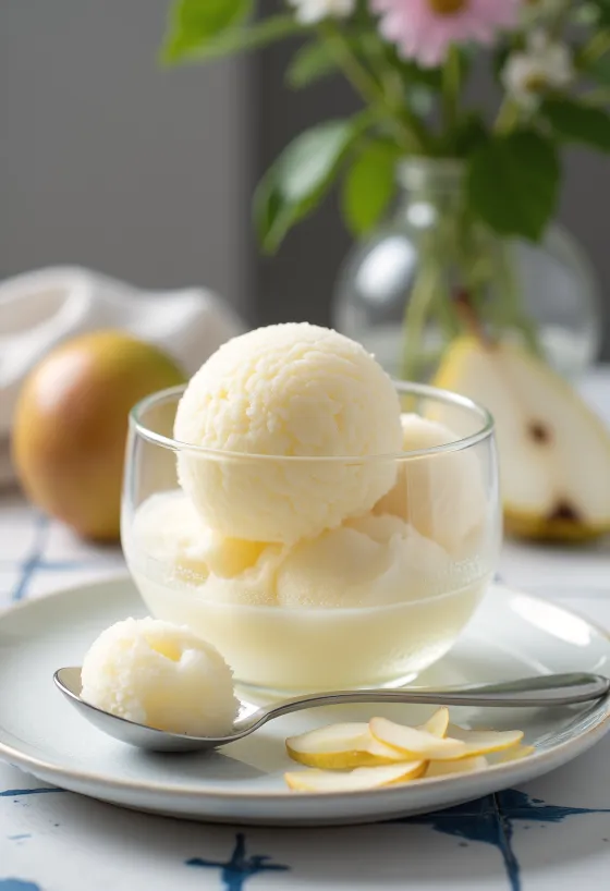 Sorbetto alla pera pallido servito in bicchiere