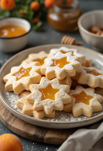 Biscotti Linzer al miele cosparsi di zucchero a velo, ripieni di marmellata