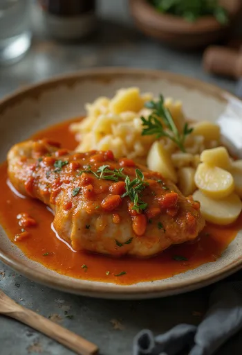 Pörkölt di cosce d'oca servito