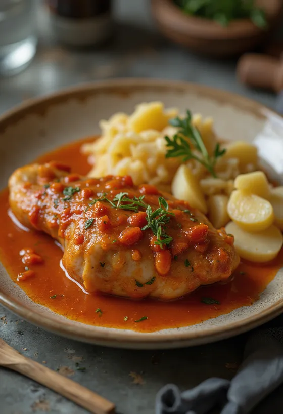 Pörkölt di cosce d'oca servito